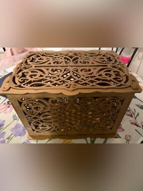 Ornate Laser-Cut Wooden Decorative Card Box Large Size— Antique Gold Color - EUC
